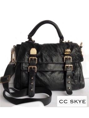 C C Skye Upper Eastside Black Leather Top Handle Embossed Buckle Satchel